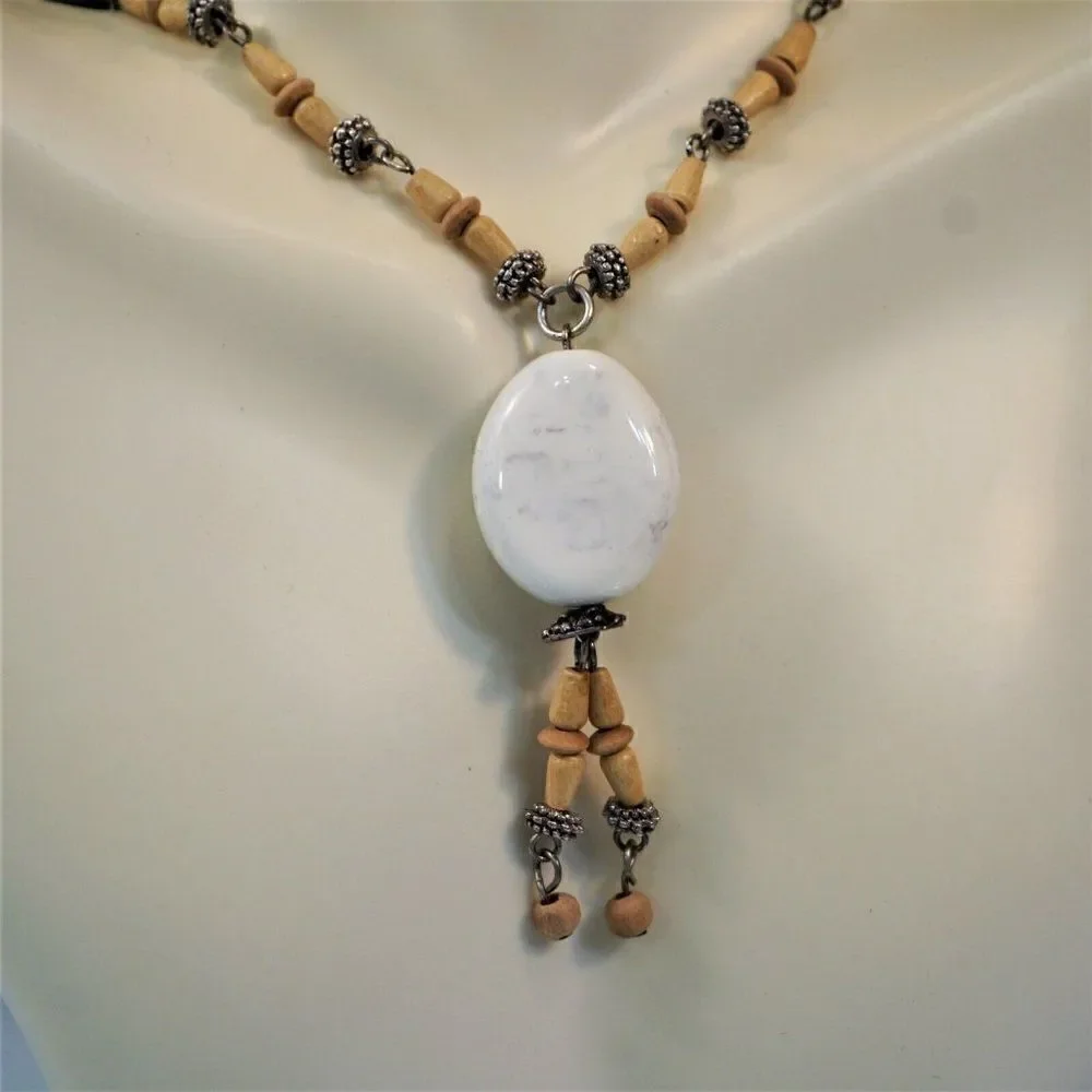 Boho Festival Necklace Earring Set Wood Silver Beads Christina Collection